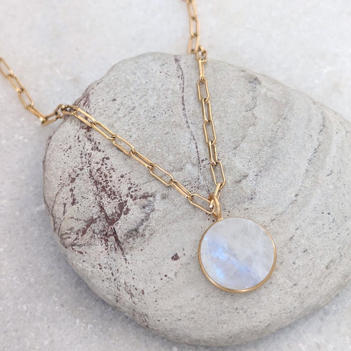 gold circular pendant moonstone June birthstone pendant necklace with paperclip chain