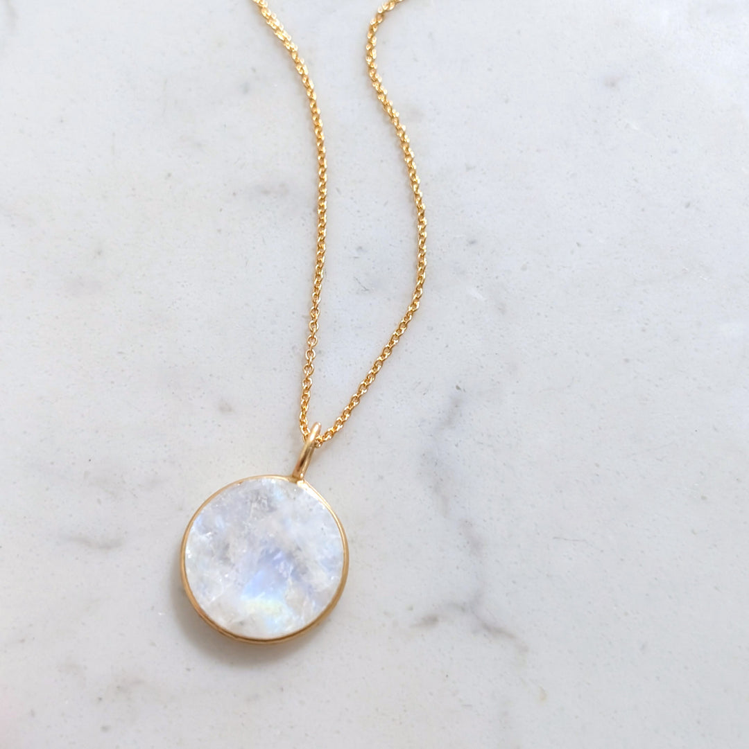 gold circular pendant moonstone June birthstone pendant necklace