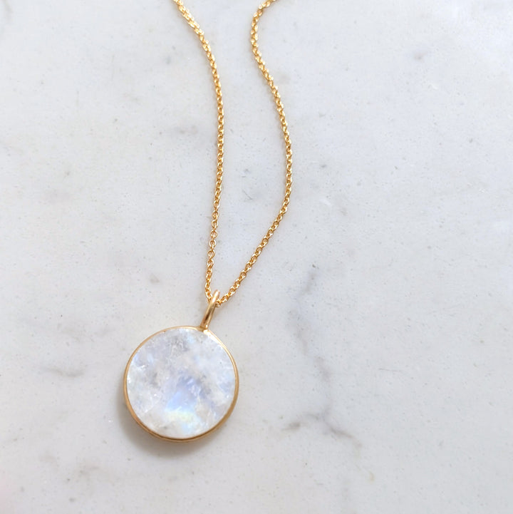 gold circular pendant moonstone June birthstone pendant necklace