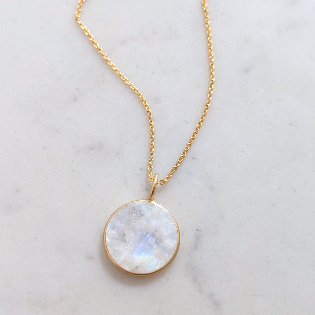 gold circular pendant moonstone June birthstone pendant necklace