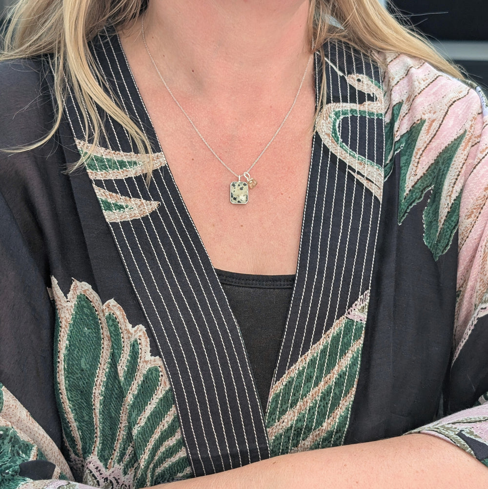 Dalmatian Jasper rectangular pendant necklace with charm