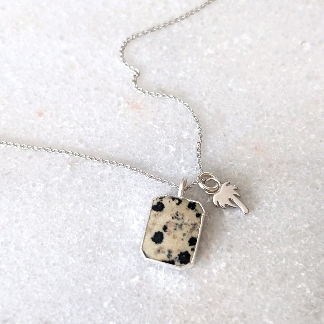 Dalmatian Jasper rectangular pendant necklace with charm
