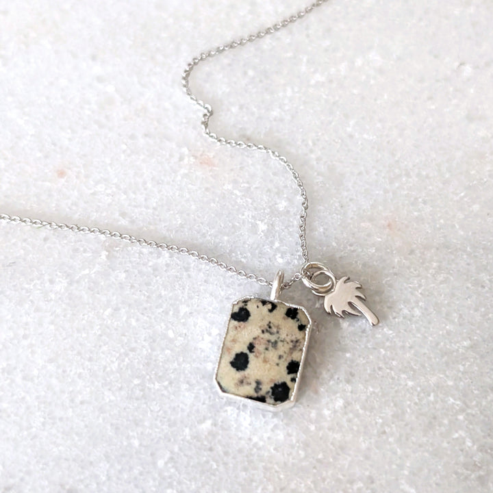 Dalmatian Jasper rectangular pendant necklace with charm