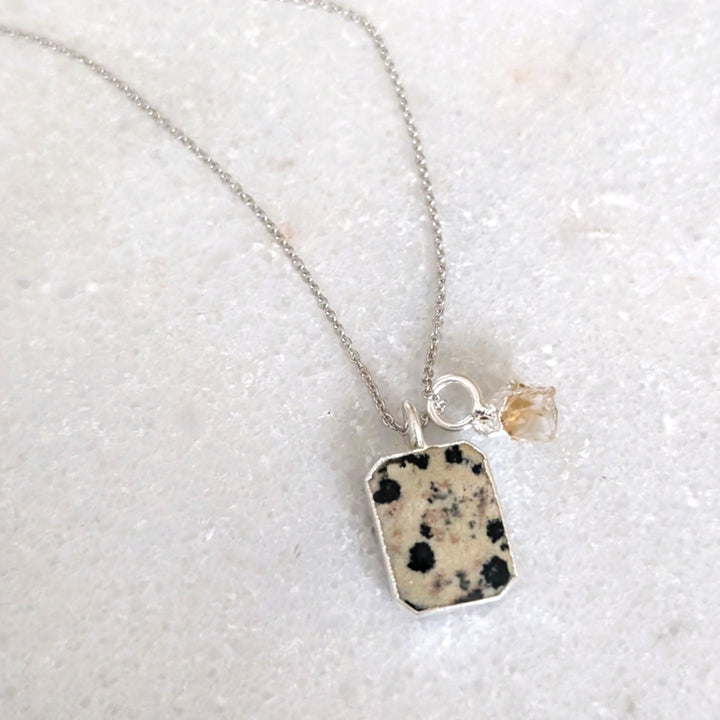 Dalmatian Jasper rectangular pendant necklace with charm