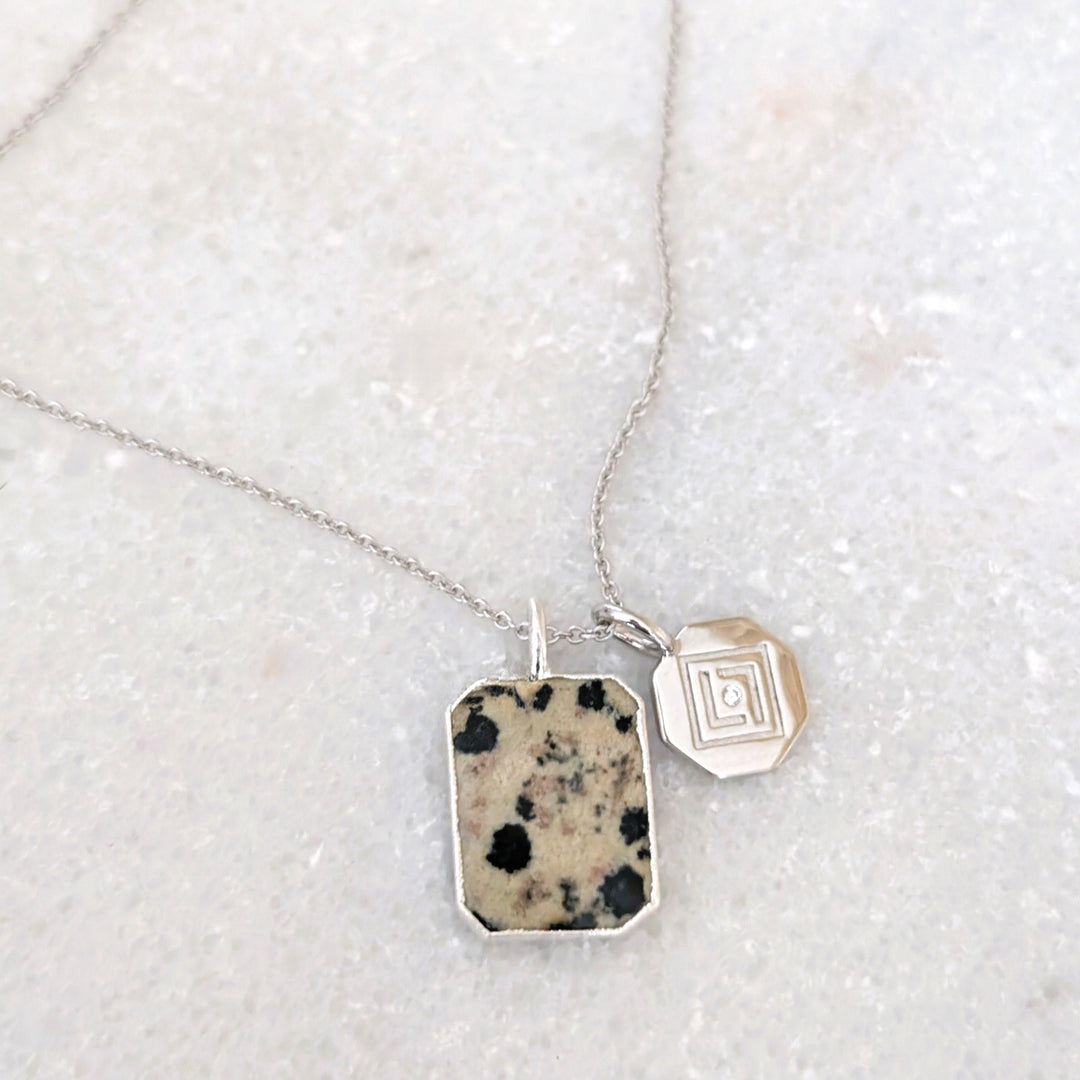 Dalmatian Jasper rectangular pendant necklace with charm