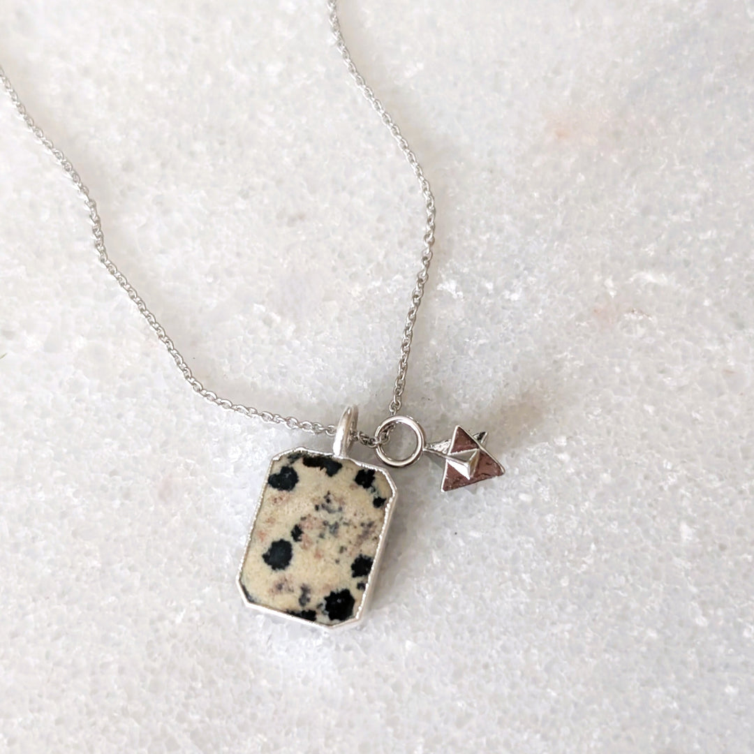 Dalmatian Jasper rectangular pendant necklace with charm