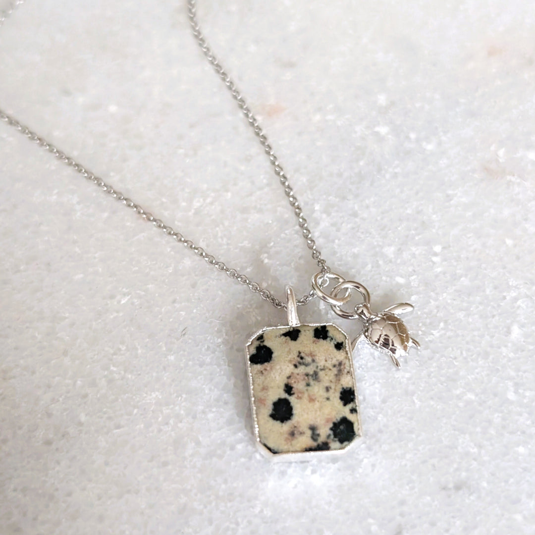 Dalmatian Jasper rectangular pendant necklace with charm