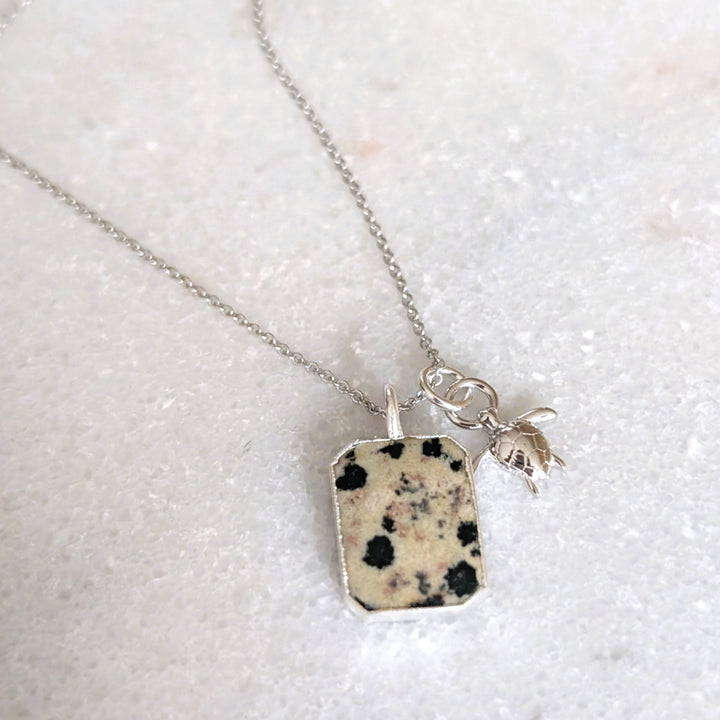 Dalmatian Jasper rectangular pendant necklace with charm