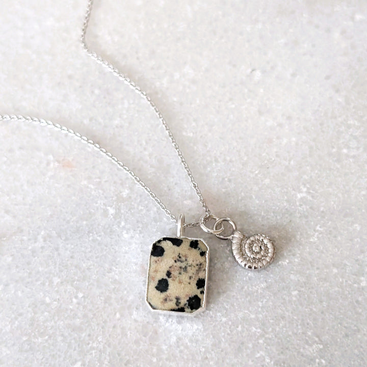 Dalmatian Jasper rectangular pendant necklace with charm