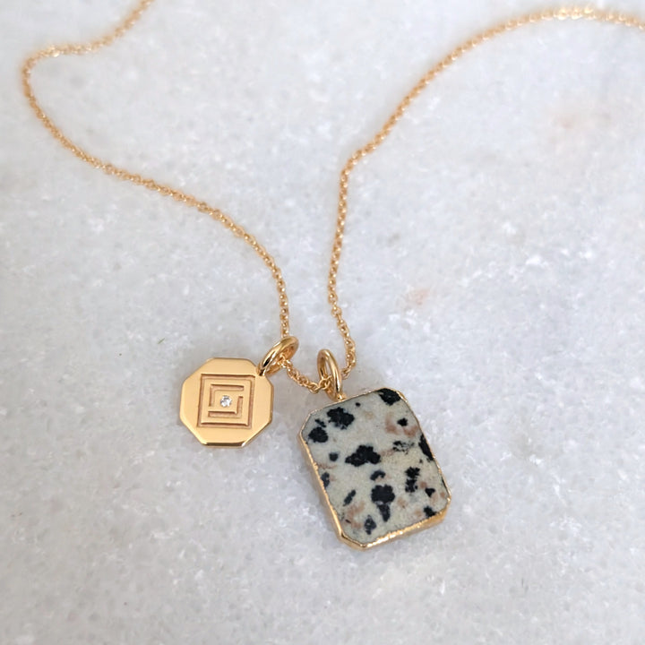 Dalmatian Jasper Rectangular pendant necklace with gold disc charm