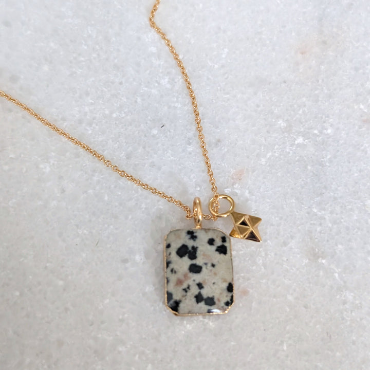 Dalmatian Jasper Rectangular pendant necklace with gold tetrahedron star charm