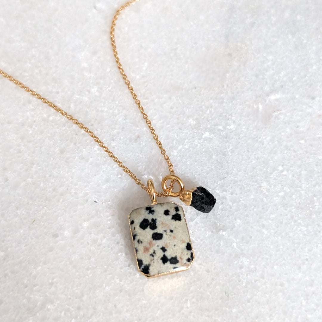 Dalmatian Jasper Rectangular pendant necklace with black tourmaline tumblestone charm