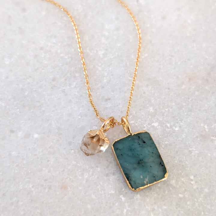gold emerald rectangular slice pendant necklace with citrine charm