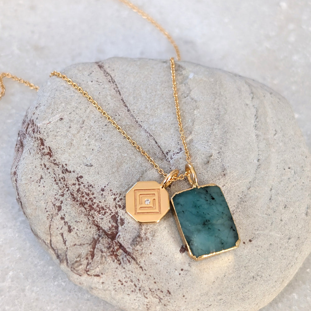 gold emerald rectangular slice pendant necklace with disc charm