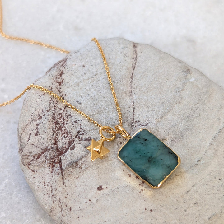 gold emerald rectangular slice pendant necklace with tetrahedron star charm