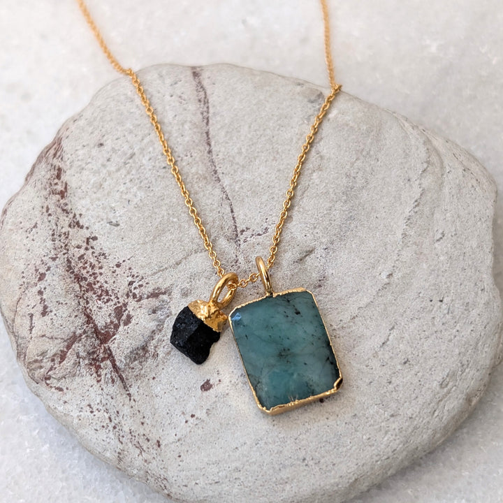 gold emerald rectangular slice pendant necklace with black tourmaine charm