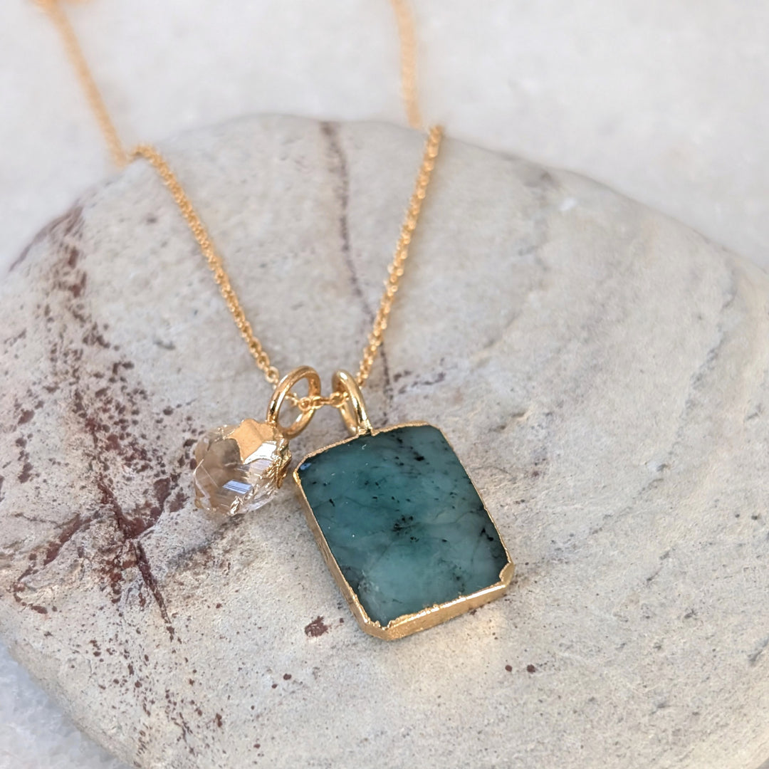 gold emerald rectangular slice pendant necklace with citrine charm