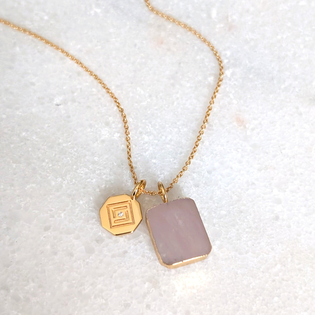 rectangular rose quartz pendant and gold disc charm necklace 