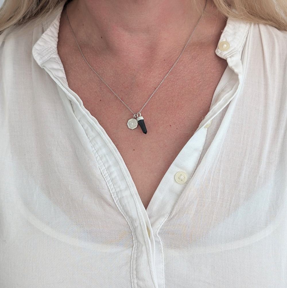 sterling silver black tourmaline spike pendant and charm necklace 
