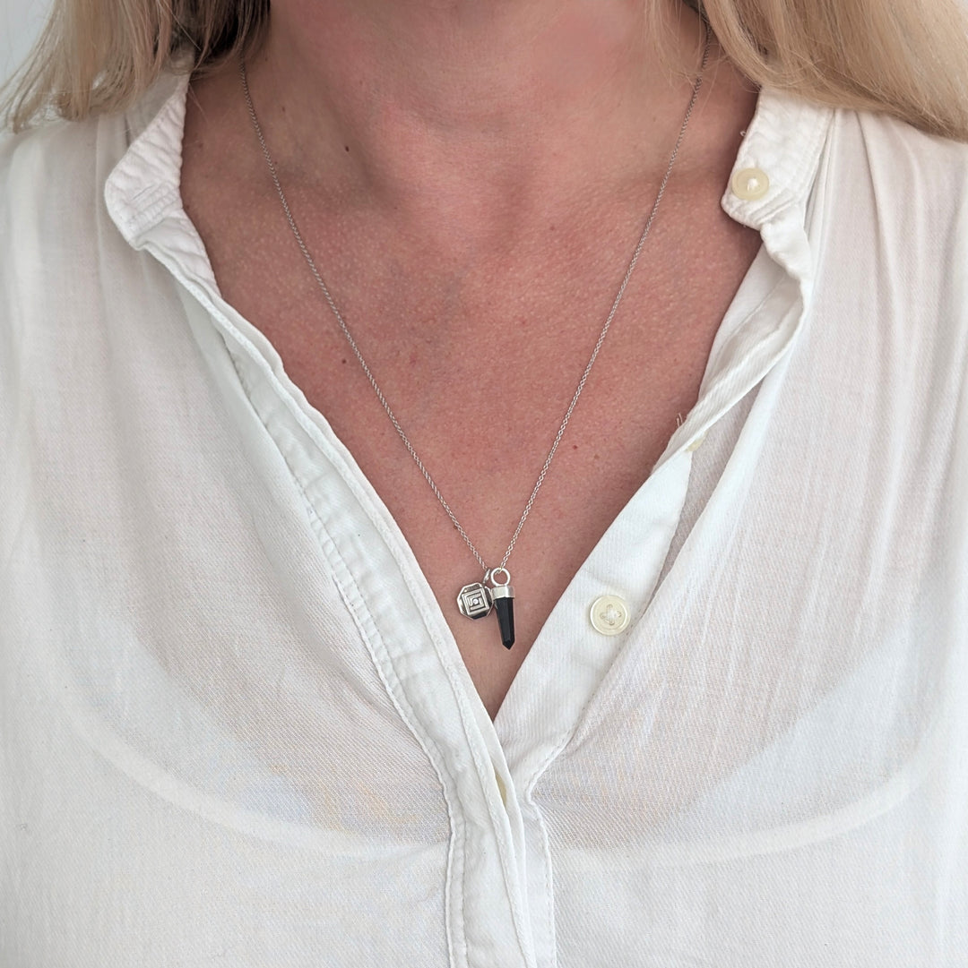 sterling silver black tourmaline spike pendant and charm necklace 