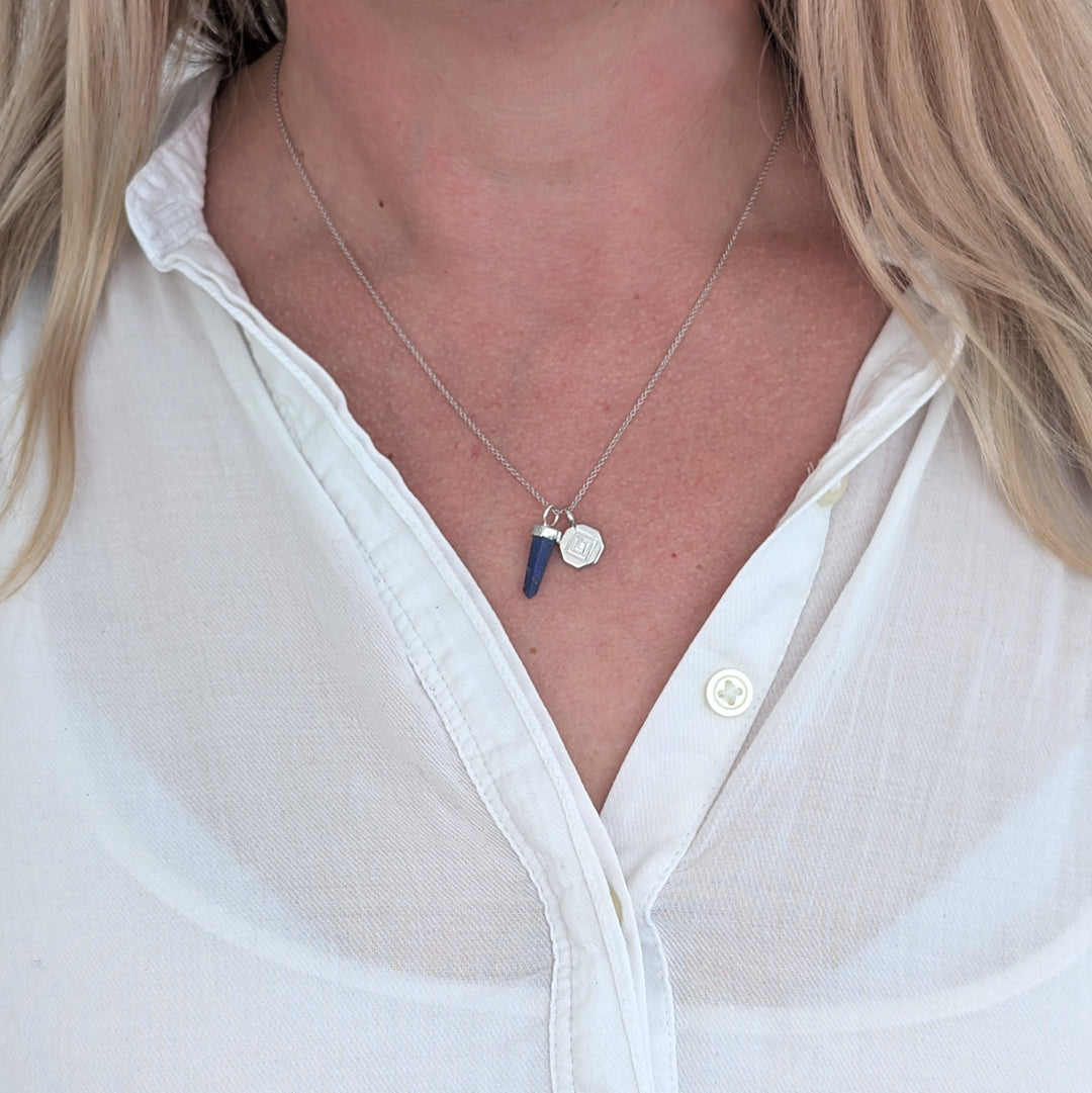 sterling silver and lapis lazuli spike pendant gemstone necklace with silver disc charm