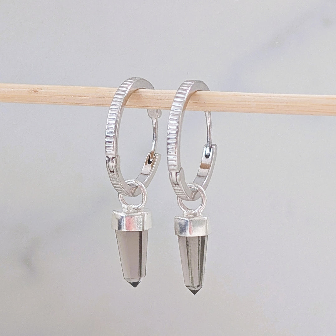 sterling silver earring hoops with smokey quartz spike earring charms