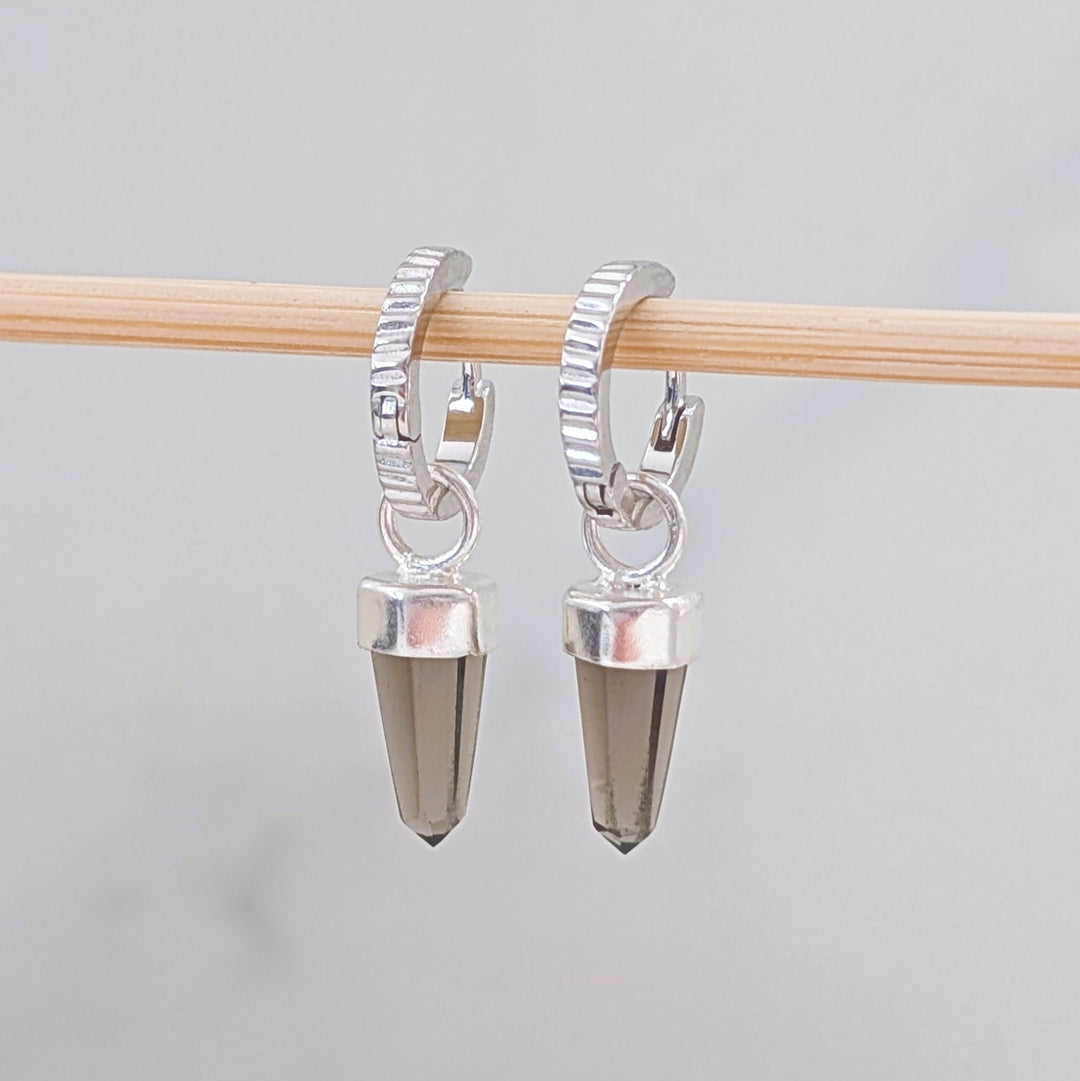 sterling silver earring hoops with smokey quartz spike earring charms