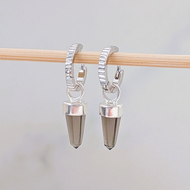 sterling silver earring hoops with smokey quartz spike earring charms