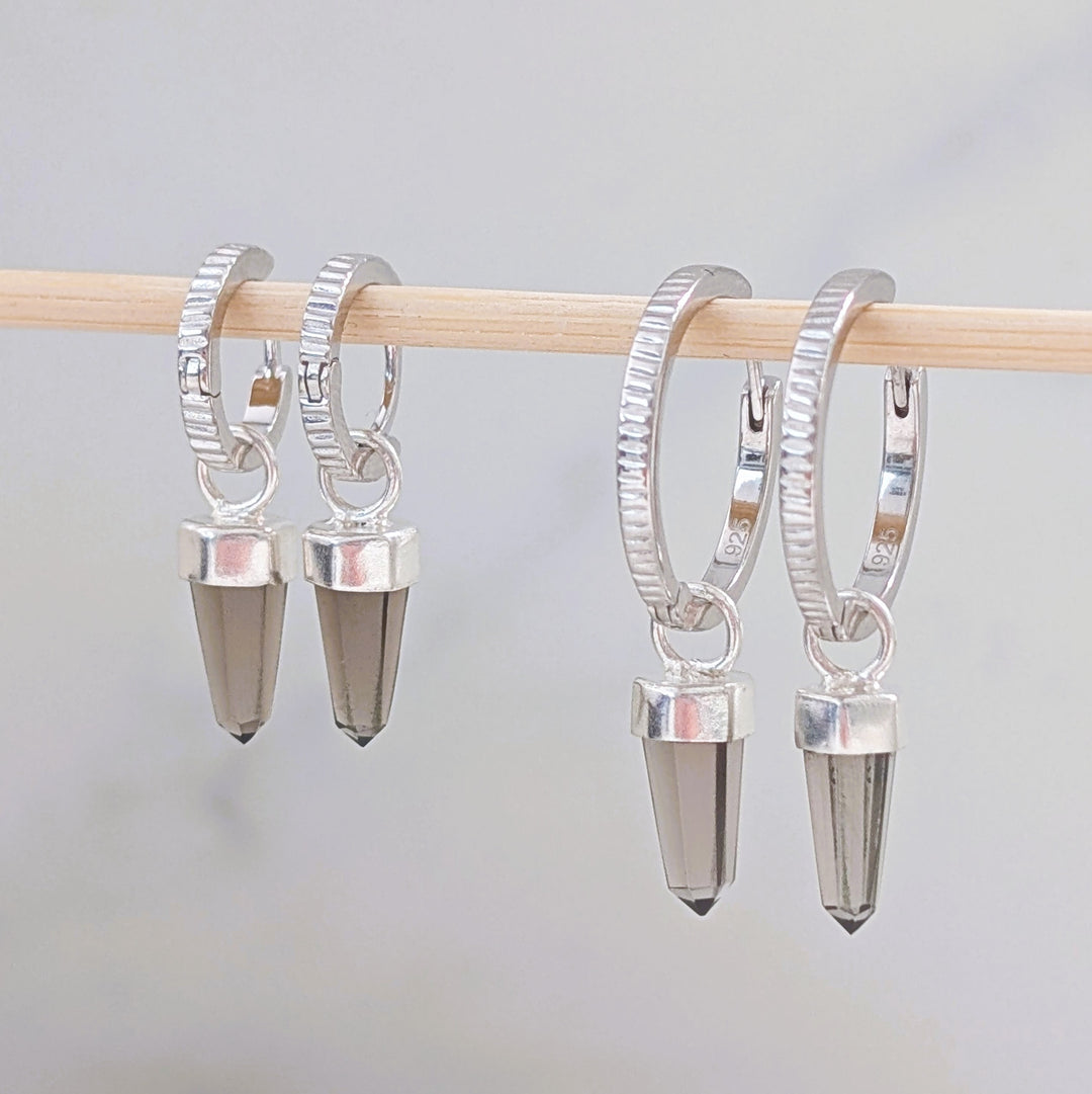 sterling silver earring hoops with smokey quartz spike earring charms