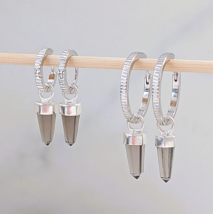 sterling silver earring hoops with smokey quartz spike earring charms