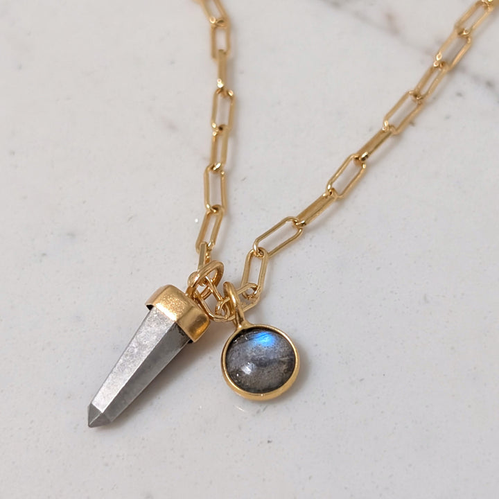 gold paperclip necklace with pyrite gemstone point pendant and labradorite charm