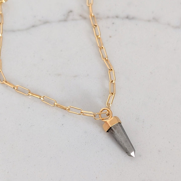 gold paperclip necklace with pyrite gemstone point pendant