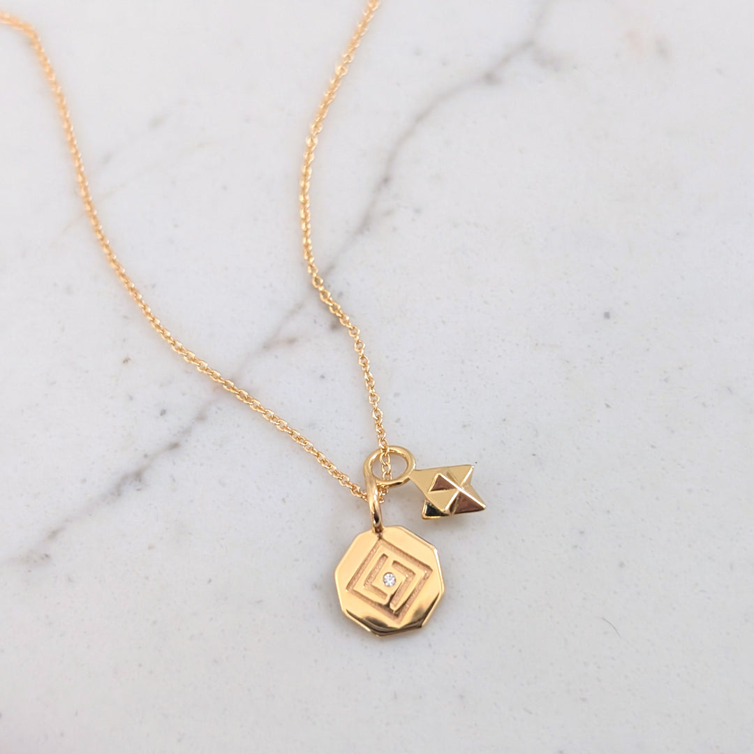 18 carat gold plated sterling silver Lapis London octagonal disc and tetrahedron star pendant necklace 