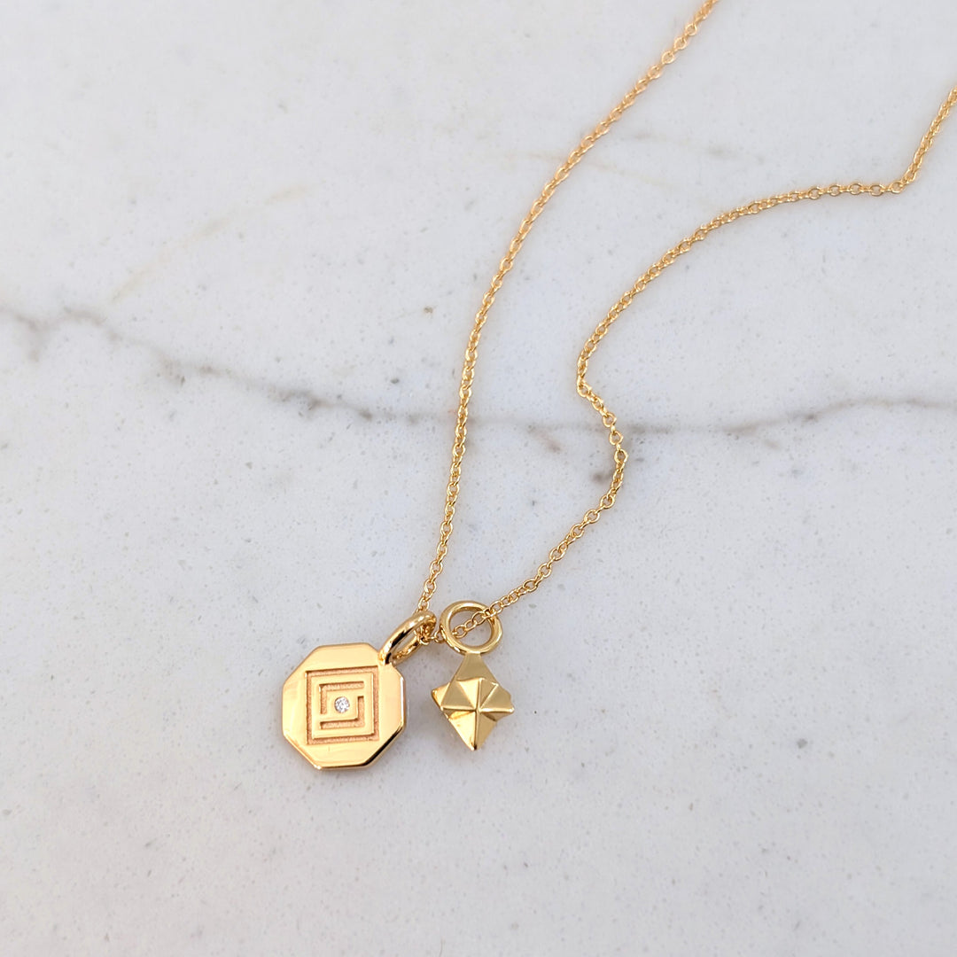 18 carat gold plated sterling silver Lapis London octagonal disc and tetrahedron star pendant necklace 
