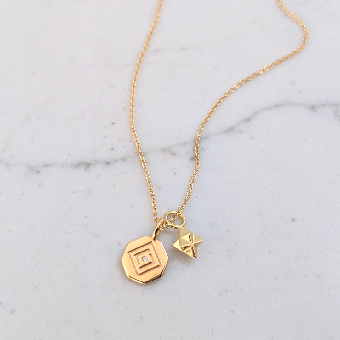 18 carat gold plated sterling silver Lapis London octagonal disc and tetrahedron star pendant necklace 