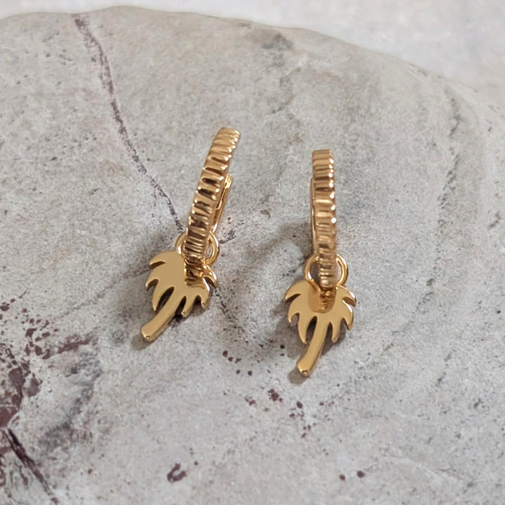 gold plated sterling silver palm tree charm hoop earrings