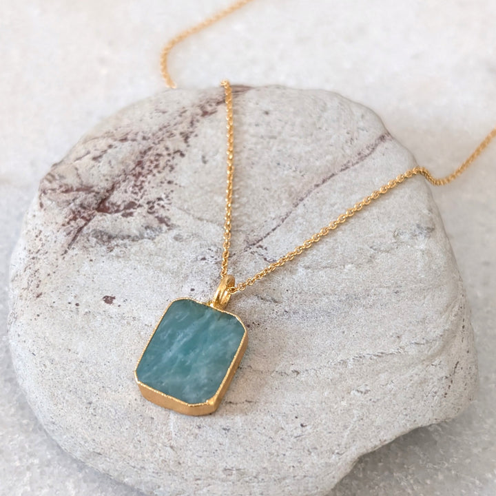 gold amazonite rectangular pendant necklace 