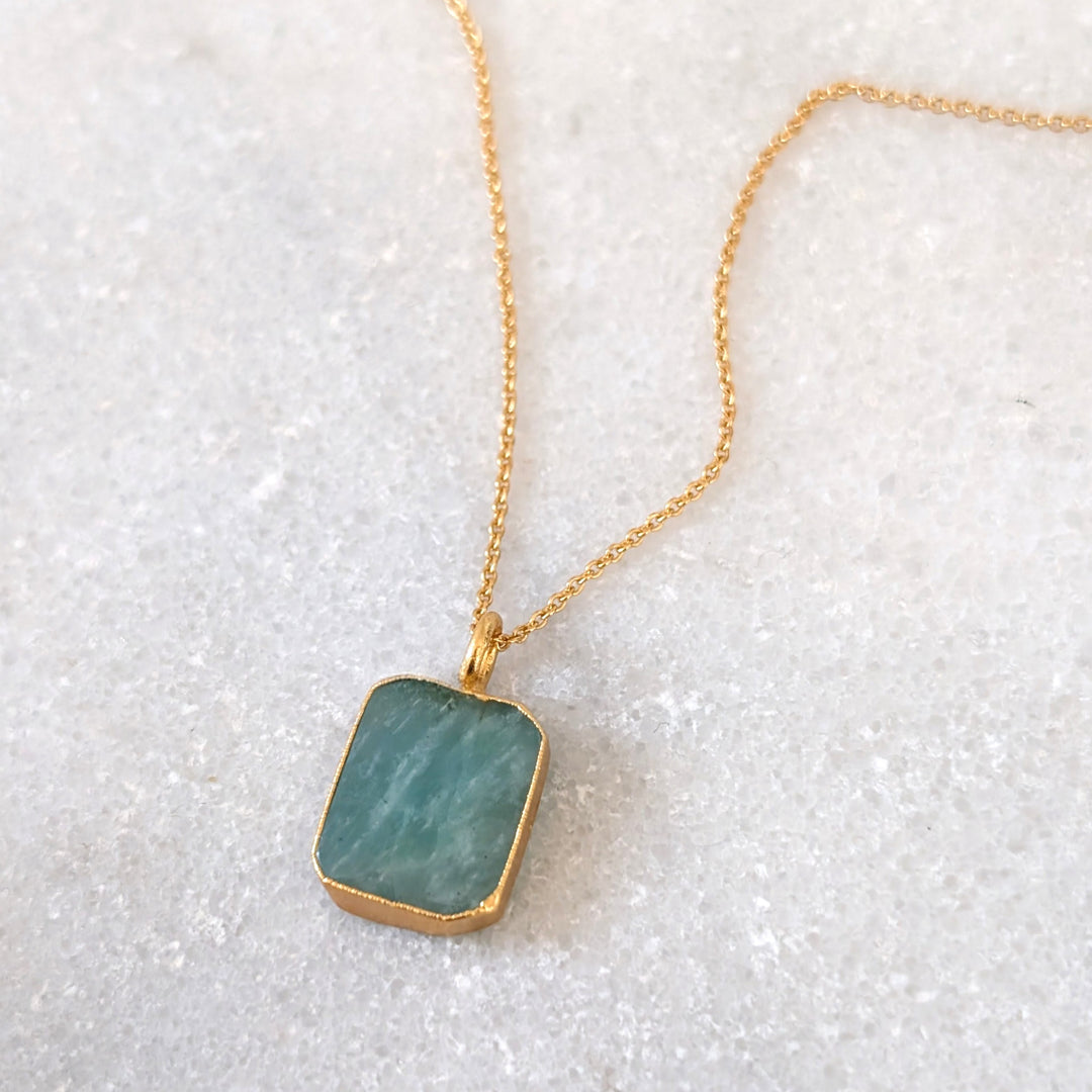 gold amazonite rectangular pendant necklace 