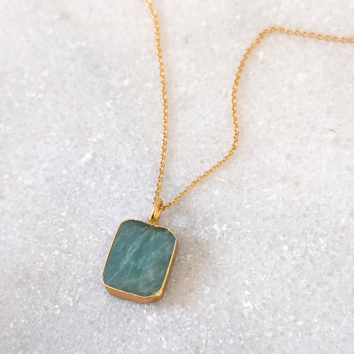 gold amazonite rectangular pendant necklace 