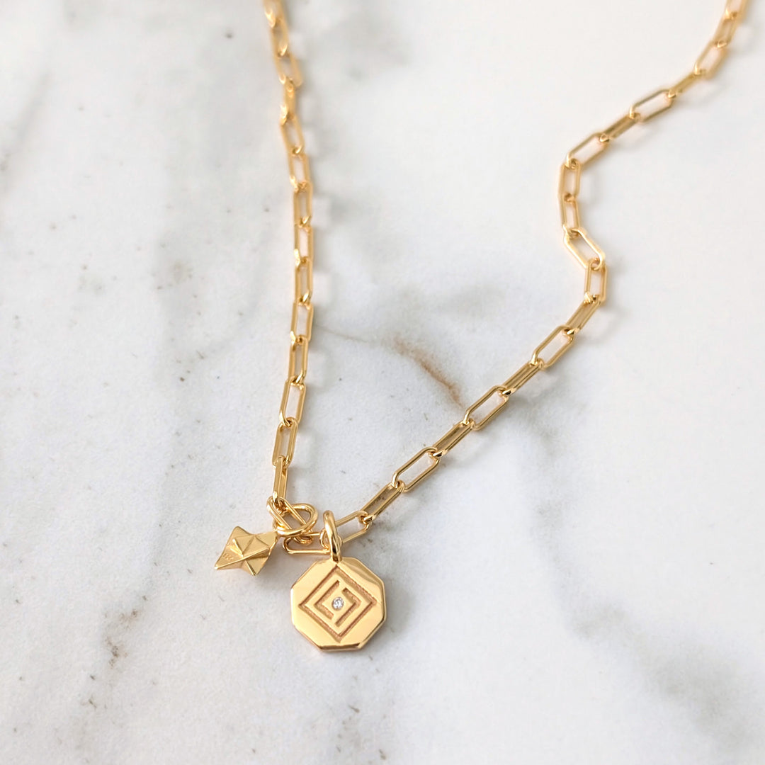 18 carat gold plated sterling silver Lapis London octagonal disc and tetrahedron star pendant necklace 