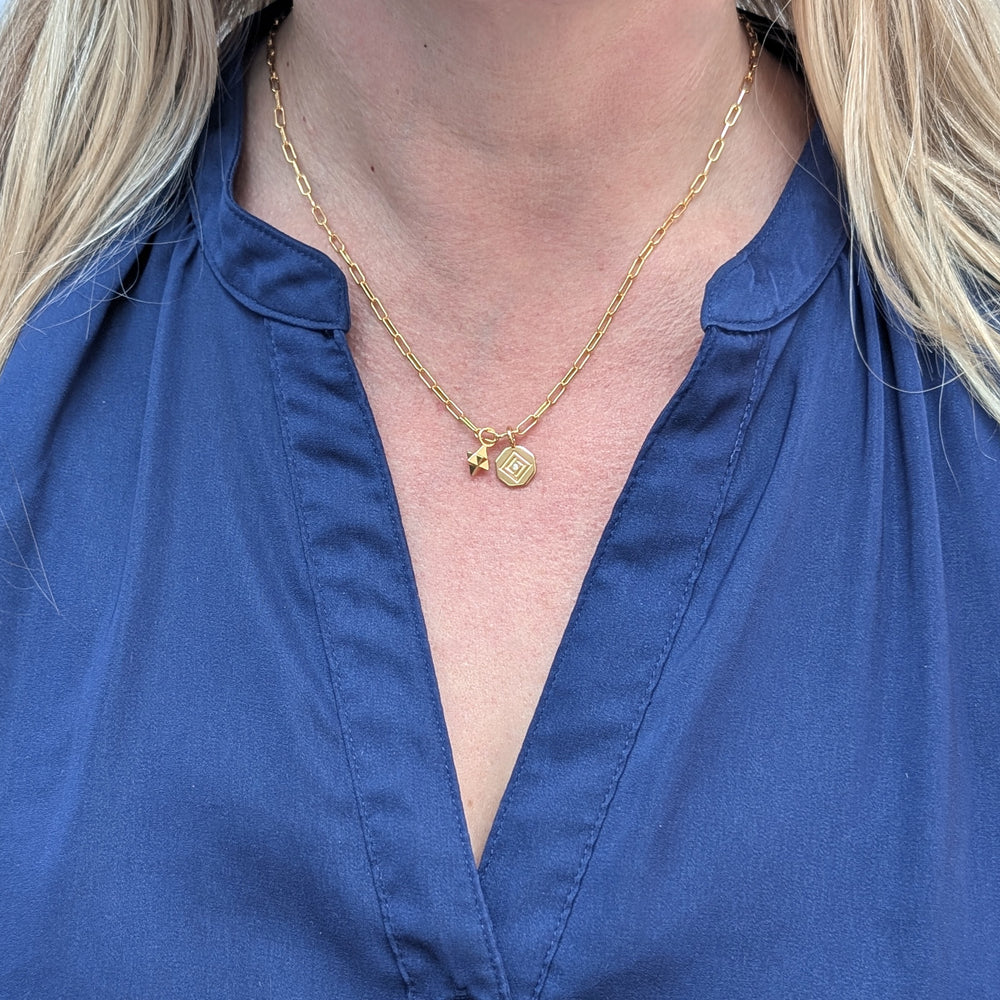 18 carat gold plated sterling silver Lapis London octagonal disc and tetrahedron star pendant necklace 