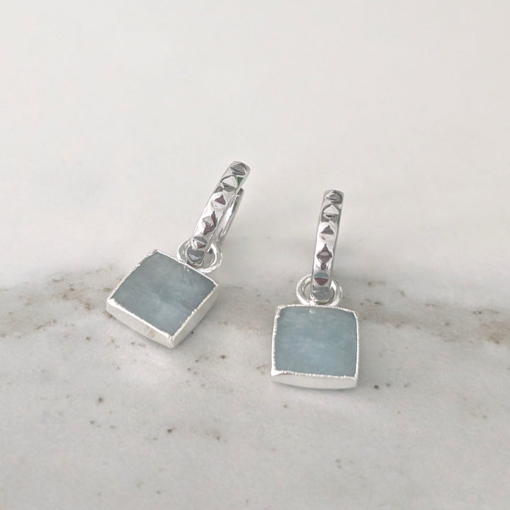 sterling silver aquamarine square charm hoop earrings