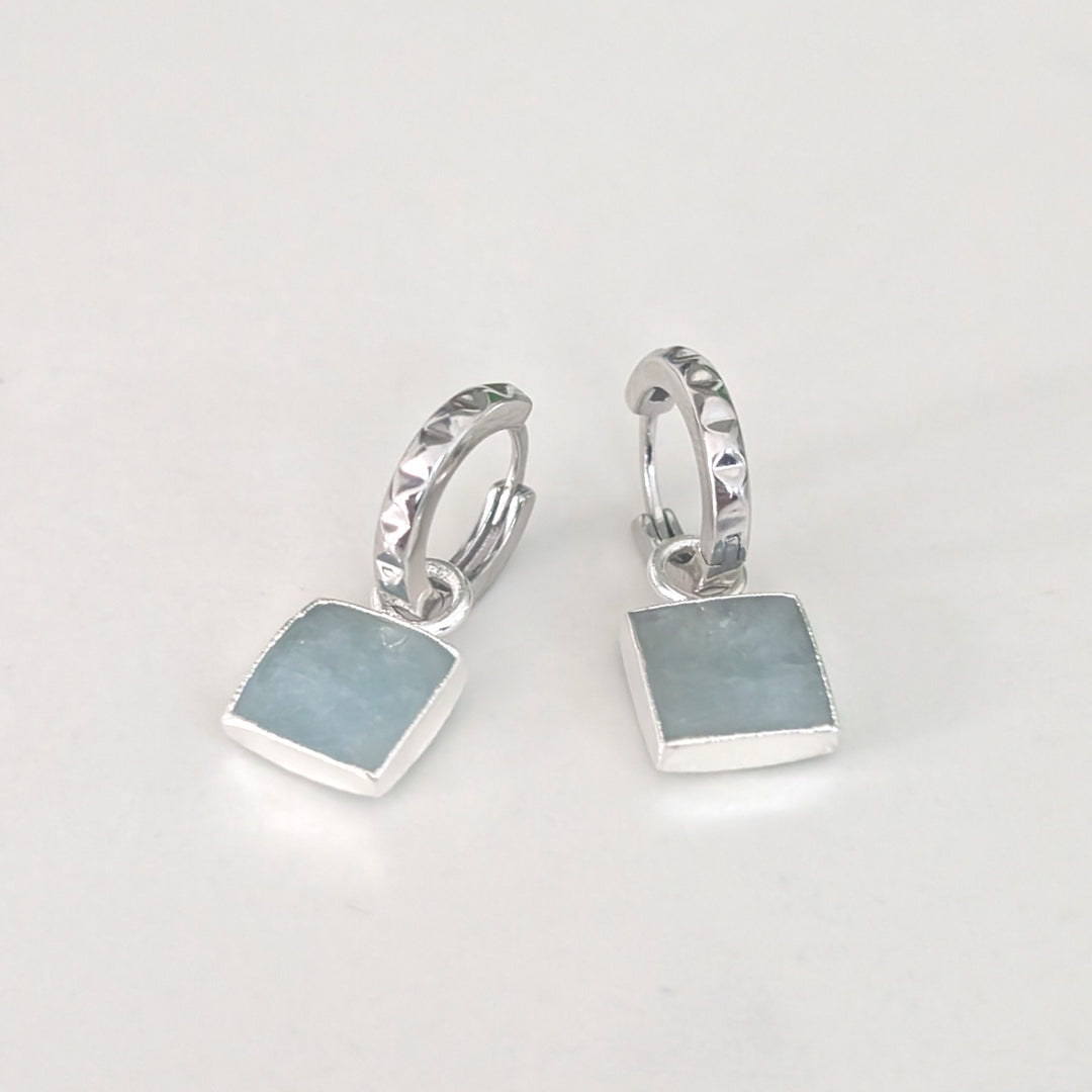 sterling silver aquamarine square charm hoop earrings