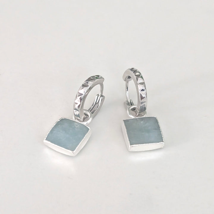 sterling silver aquamarine square charm hoop earrings