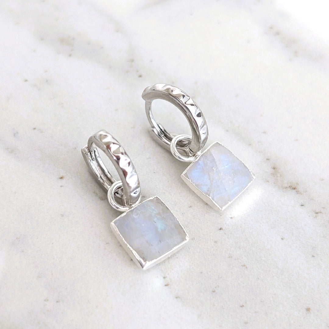 sterling silver earring hoops with square moonstone earring charms