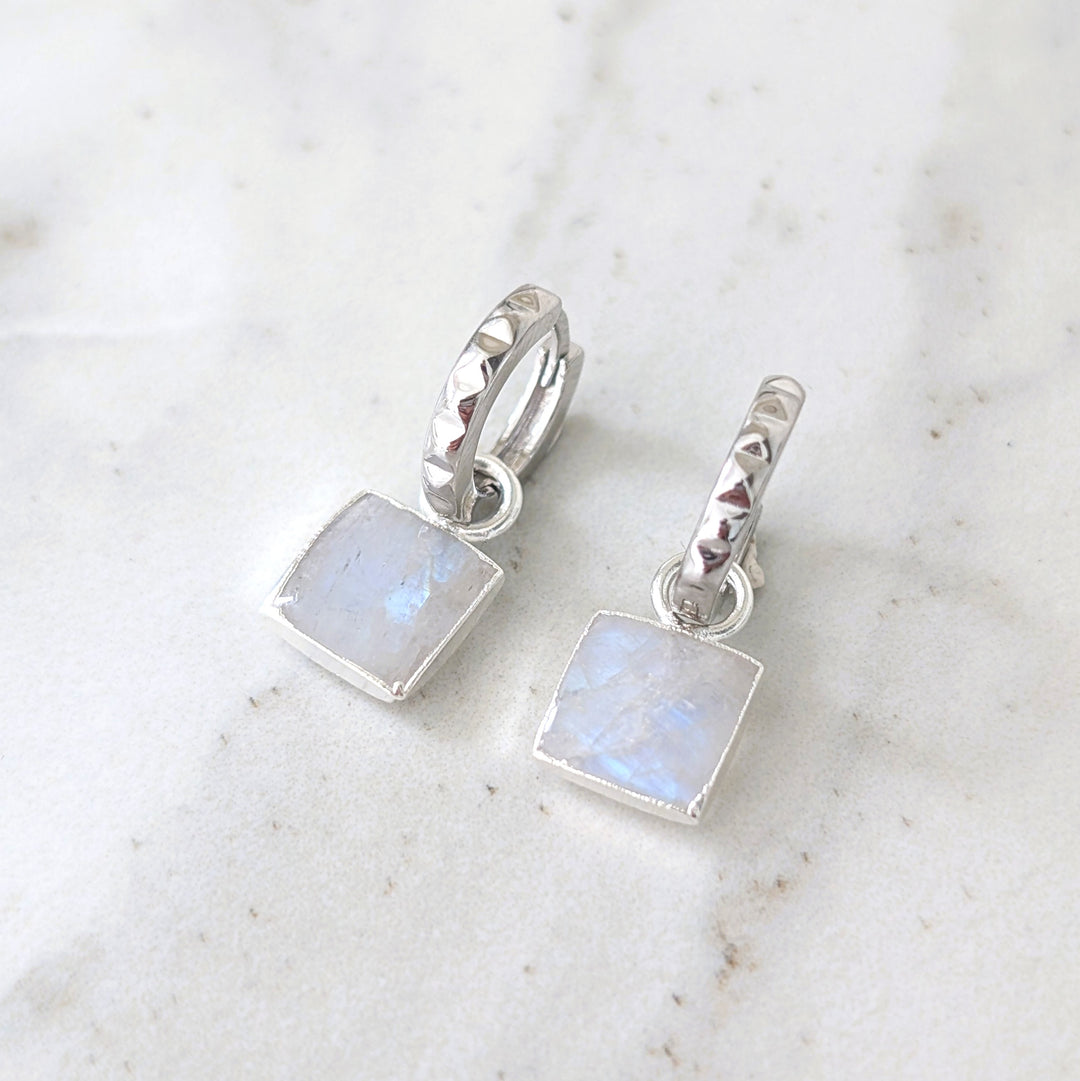 sterling silver earring hoops with square moonstone earring charms