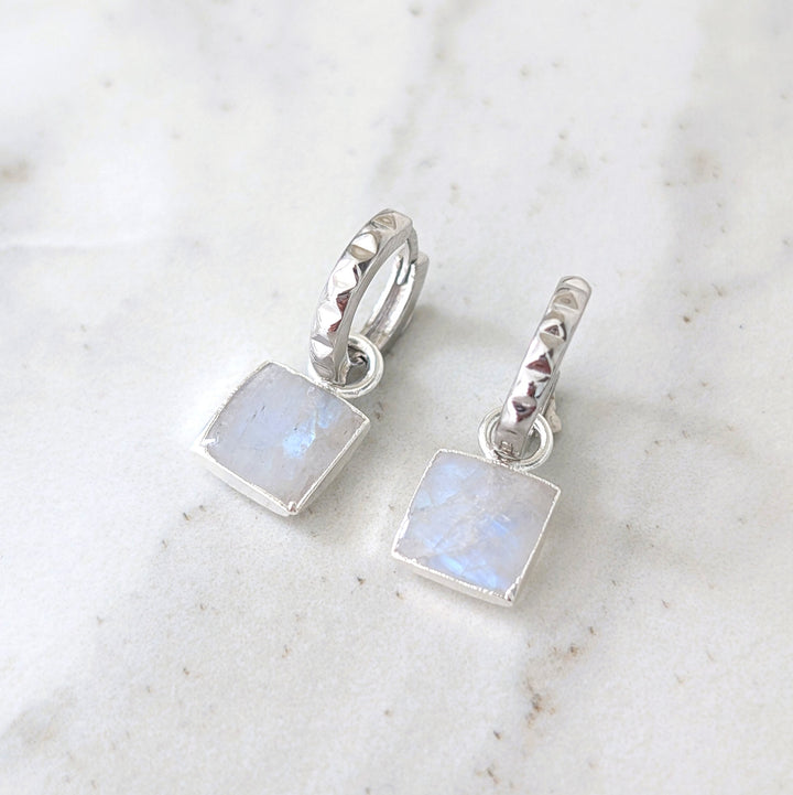 sterling silver earring hoops with square moonstone earring charms
