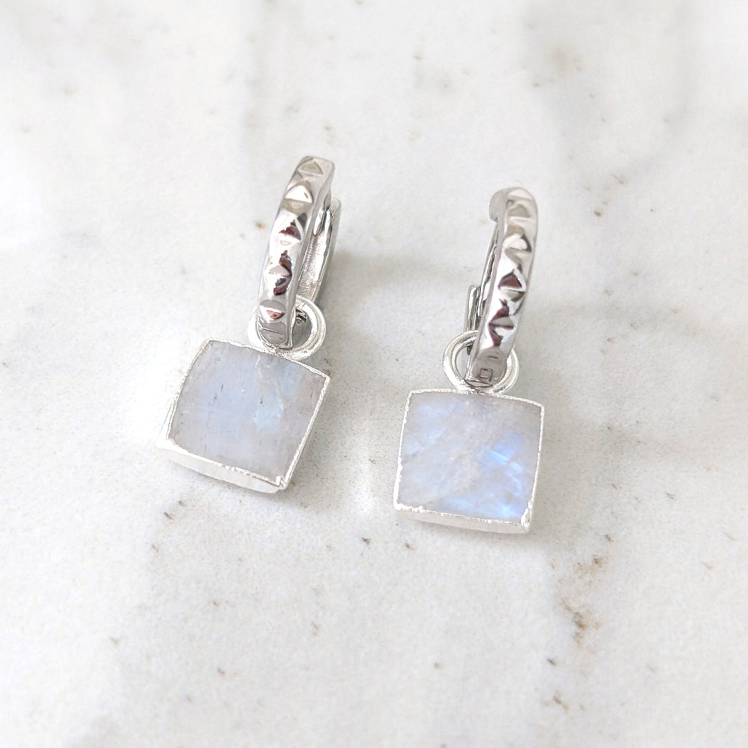 sterling silver earring hoops with square moonstone earring charms
