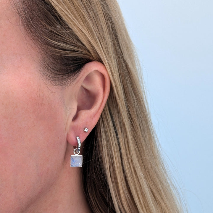 sterling silver earring hoops with square moonstone earring charms