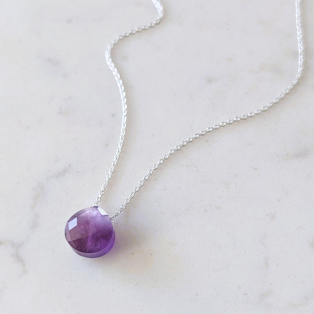 silver amethyst February birthstone teardrop pendant necklace